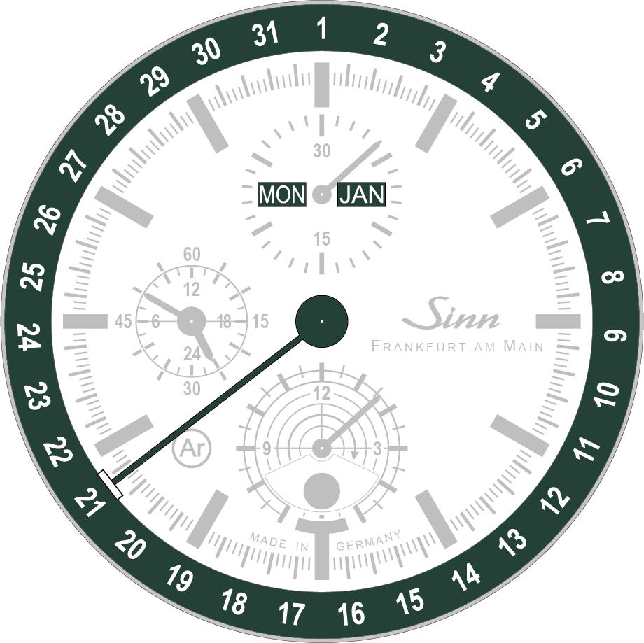 Dial of a Sinn hunting watch with a green pointer-date ring, day and month display, 24-hour subdial, and moon phase indicator.